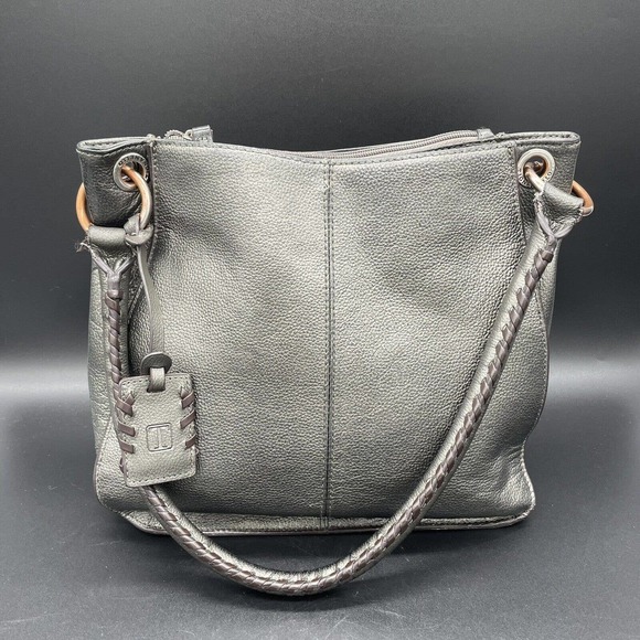 Tignanello Metallic Leather Handbag Purse Silver Pebbled Medium Braided Handle - Picture 1 of 16